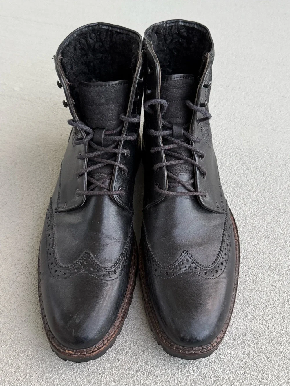 Johnston & Murphy Jennings Shearling Boots 10.5 M Black Leather Wing Tip Brazil